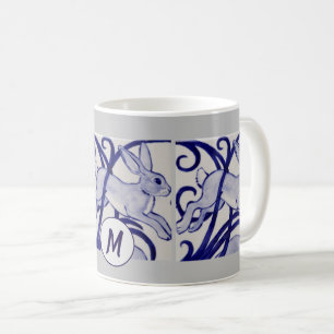 Art Deco Rabbit Hare Blue White Gray Monogram Koffiemok