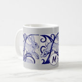 Art Deco Rabbit Hare Blue White Gray Monogram Koffiemok (Voorkant links)