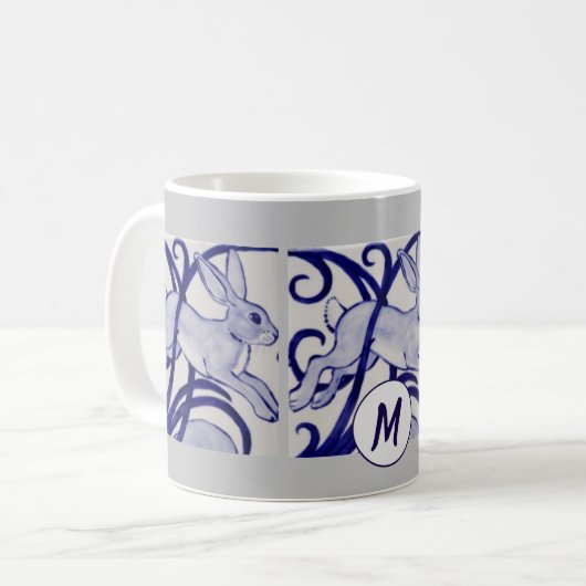 Art Deco Rabbit Hare Blue White Gray Monogram Koffiemok (Voorkant links)
