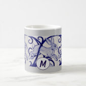 Art Deco Rabbit Hare Blue White Gray Monogram Koffiemok (Center)