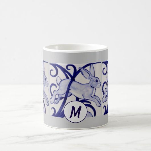 Art Deco Rabbit Hare Blue White Gray Monogram Koffiemok (Center)