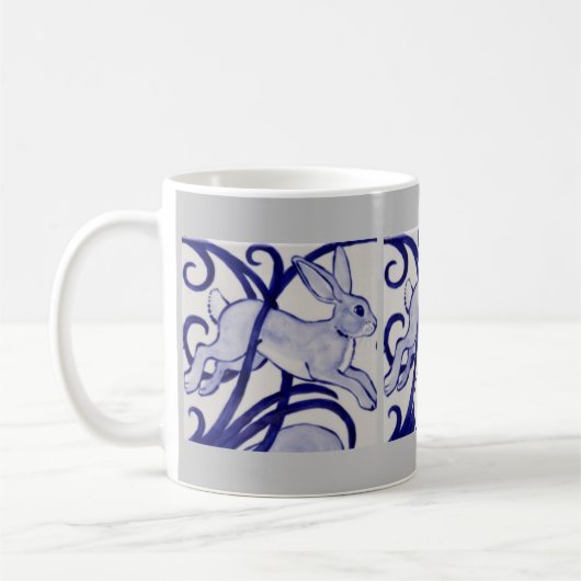 Art Deco Rabbit Hare Blue White Gray Monogram Koffiemok (Links)