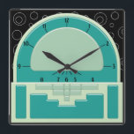 Art Deco Radiola (3 Groenen en een Zwart) Vierkante Klok<br><div class="desc">Het originele digitale schilderij op deze coole klok is geïnspireerd op een Art Deco radio-ontwerp uit de jaren dertig. Met behulp van verschillende schaduwtechnieken om een 3-D Bakelite klok te suggereren tegen een zwart behang met een dun wit cirkelpatroon, is deze wandklok zeker om opmerkingen te verzamelen en lof voor...</div>