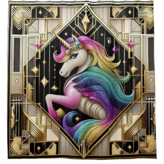 Art Deco Rainbow Faux Glitter Unicorn Douchegordijn