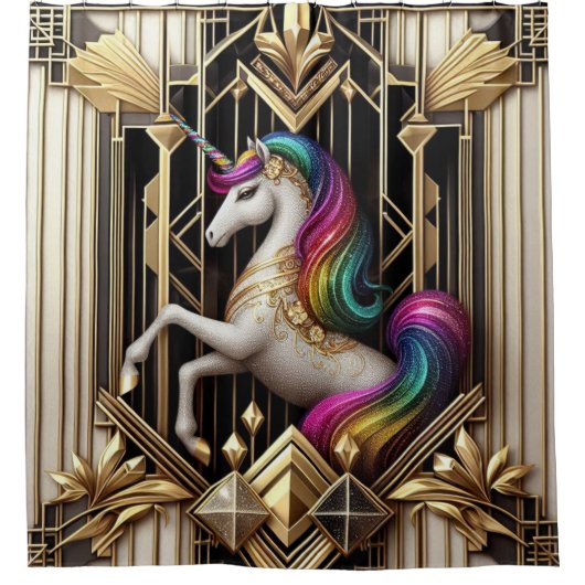 Art Deco Rainbow Faux Glitter Unicorn Douchegordijn (Voorkant)