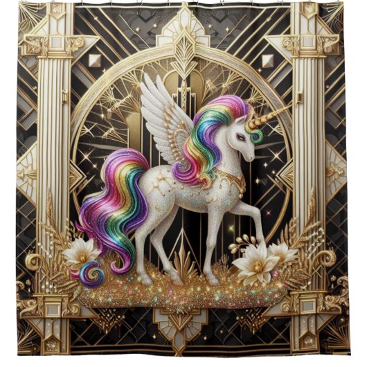 Art Deco Rainbow Faux Glitter Unicorn Douchegordijn (Voorkant)
