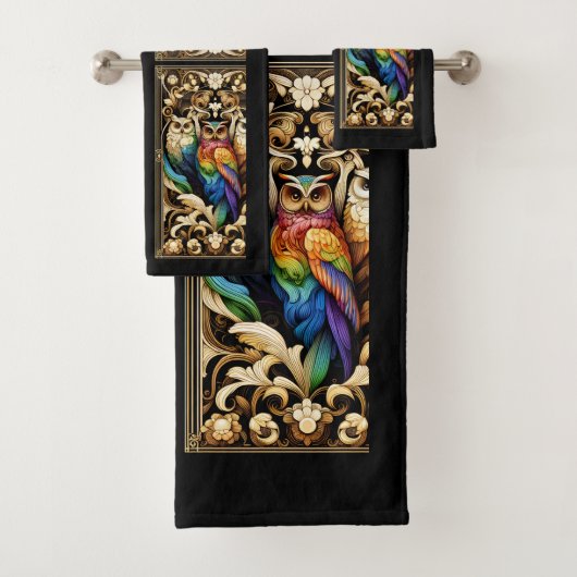 Art Deco Rainbow Owl Bad Handdoek (Insitu)