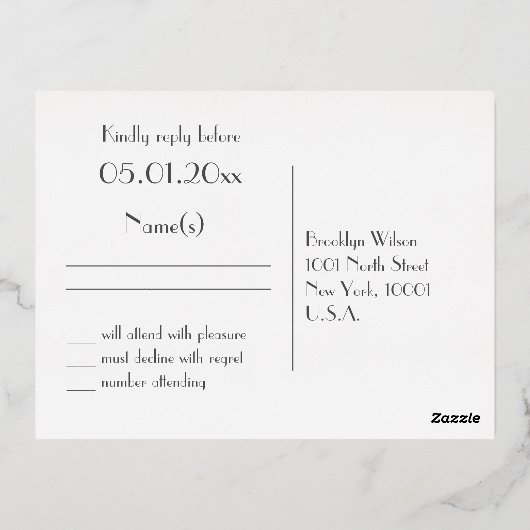 Art Deco Real Gold Foil Wedding RSVP Briefkaarten (Achterkant)