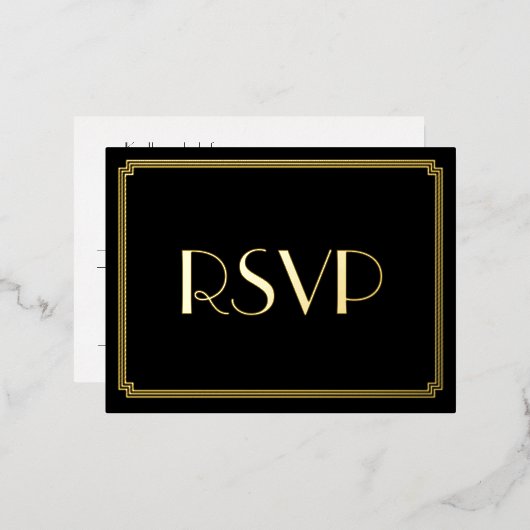 Art Deco Real Gold Foil Wedding RSVP Briefkaarten (Voorkant / Achterkant)