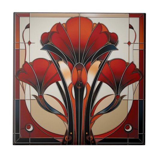 Art Deco Red Black White Abstract Floral Tegeltje (Voorkant)