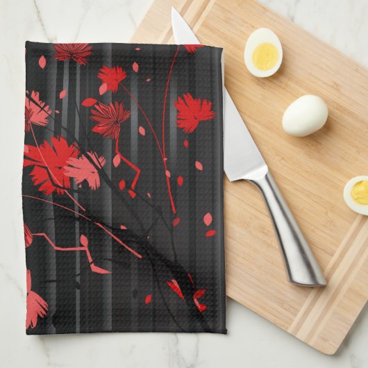 Art Deco Red en Black Floral Theedoek (Quarter Fold)
