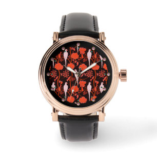 ART DECO RED FLOWERS,WHITE PARROTS ON BLACK HORLOGE