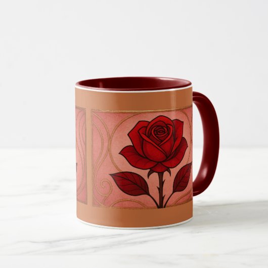 Art Deco Red Rose Maroon Combo Mug Mok (Voorkant rechts)