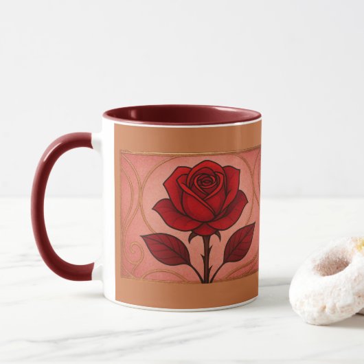 Art Deco Red Rose Maroon Combo Mug Mok (Met donut)