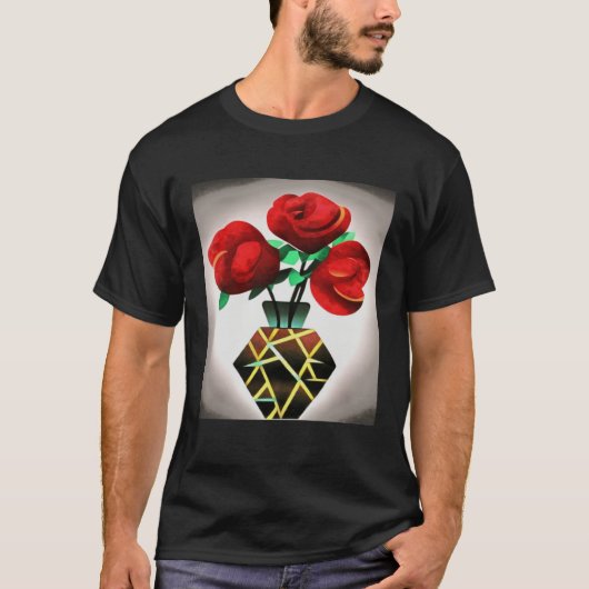 Art Deco Red Roses In Vase Abstract Art T-shirt (Voorkant)