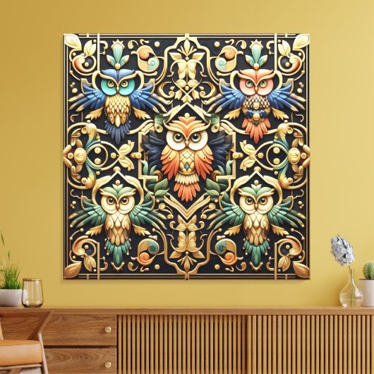 Art Deco Regenboel Uilen Canvas Print (Insitu (Woonkamer))