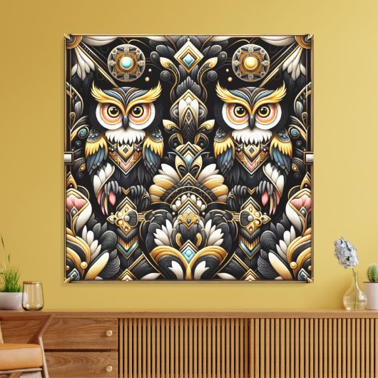 Art Deco Regenboel Uilen Canvas Print (Insitu (Woonkamer))