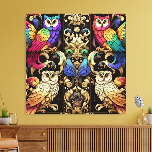 Art Deco Regenboel Uilen Canvas Print (Insitu (Woonkamer))
