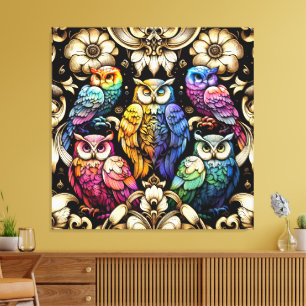 Art Deco Regenboel Uilen Canvasprint Canvas Afdruk