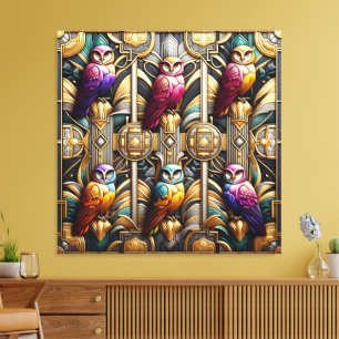 Art Deco Regenboel Uilen Canvasprint Canvas Afdruk