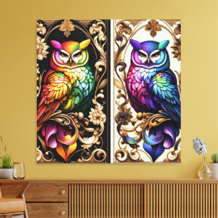 Art Deco Regenboel Uilen Canvasprint Canvas Afdruk