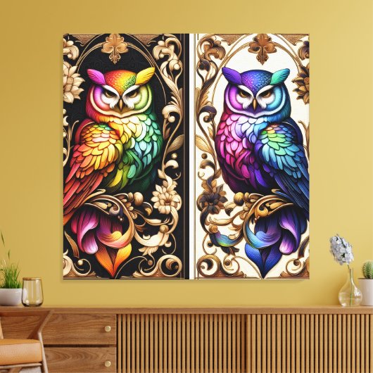 Art Deco Regenboel Uilen Canvasprint Canvas Afdruk (Insitu (Woonkamer))