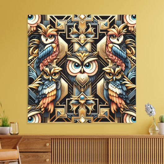 Art Deco Regenboog Uilen Canvas Print (Insitu (Woonkamer))