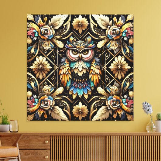 Art Deco Regenboog Uilen Canvas Print (Insitu (Woonkamer))