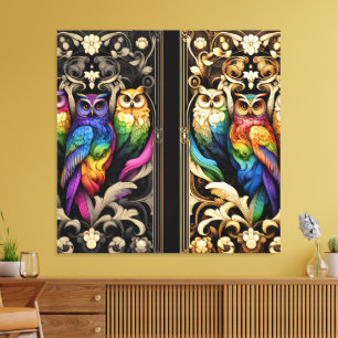 Art Deco Regenboog Uilen Canvas Print