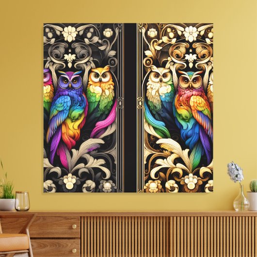 Art Deco Regenboog Uilen Canvas Print (Insitu (Woonkamer))