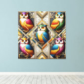 Art Deco Regenboog Uilen Canvas Print (Insitu (Houten vloer))