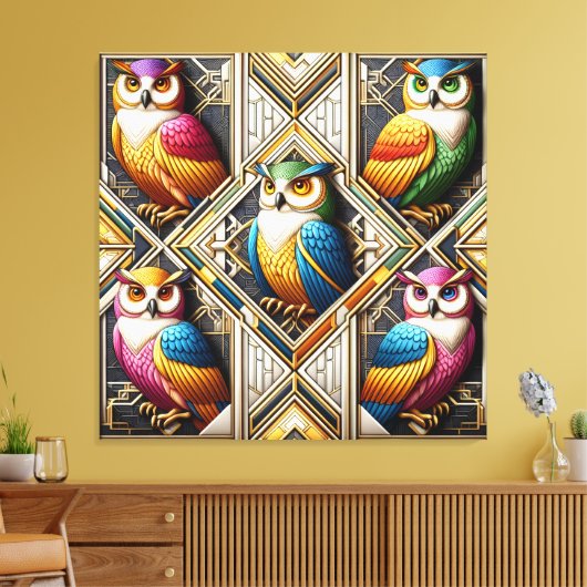 Art Deco Regenboog Uilen Canvas Print (Insitu (Woonkamer))