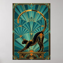Art Deco Rekkende Zwarte Kat Wandschildering
