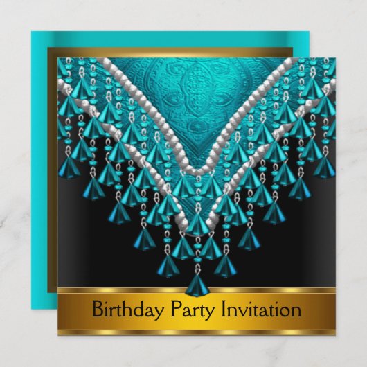 Art Deco Retro Birthday Party - Uitnodiging Blauwg (Voorkant / Achterkant)