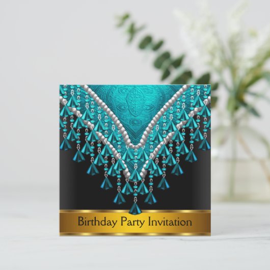 Art Deco Retro Birthday Party - Uitnodiging Blauwg (Staand voorkant)