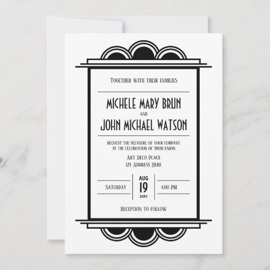 Art Deco  Retro Black Lijst White Wedding Kaart (Voorkant)