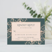 Art Deco Retro | Donkergroen koper Entree optie RSVP Kaartje (Staand voorkant)