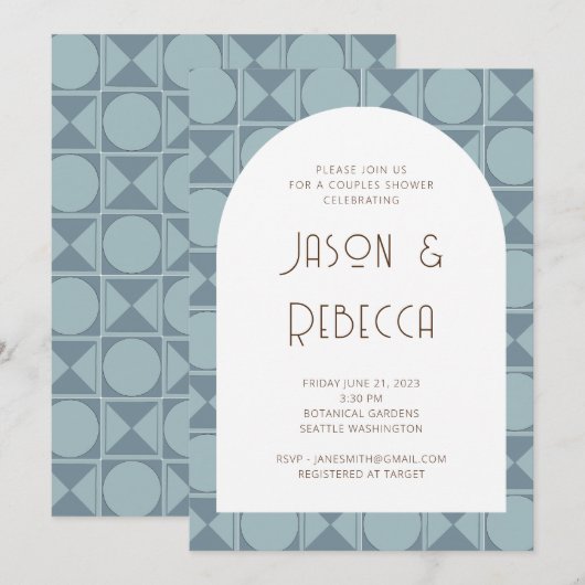 Art Deco Retro Geometrische Blauwe Koppels Douche Kaart (Voorkant / Achterkant)