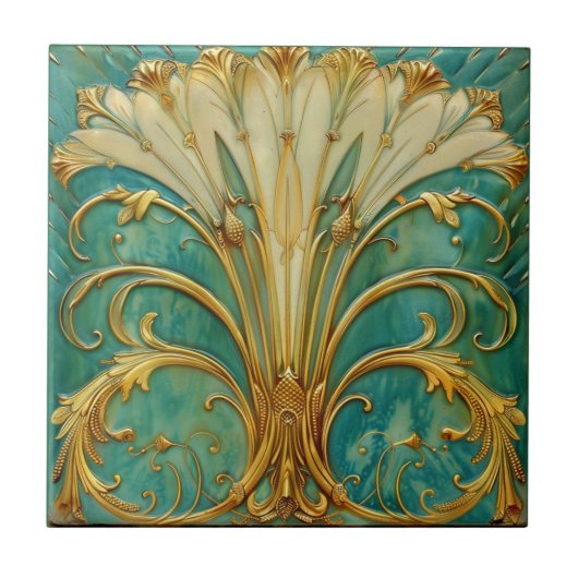 Art Deco Retro Gold Turquoise Trumpet Flower Tegeltje (Voorkant)