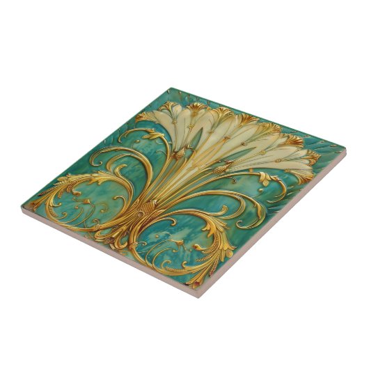 Art Deco Retro Gold Turquoise Trumpet Flower Tegeltje (Zijkant)