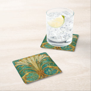 Art Deco Retro Goud Turquoise Trompet Bloem Kartonnen Onderzetters
