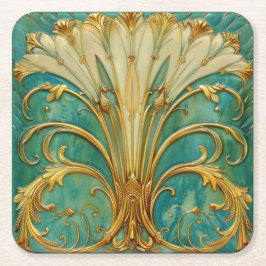 Art Deco Retro Goud Turquoise Trompet Bloem Kartonnen Onderzetters