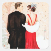 Art Deco retro  koppel bericht Kerstmis Vierkante Sticker (Voorkant)
