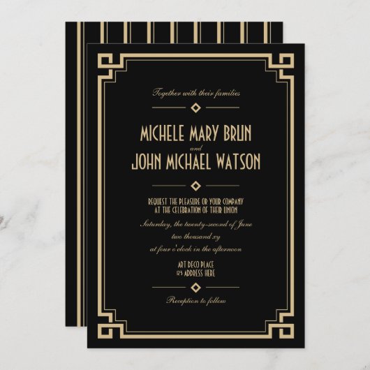 Art Deco Retro Lijst Donkere bruiloft uitnodiging (Voorkant / Achterkant)