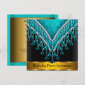 Art Deco Retro Verjaardagsfeest Uitnodiging Teal (Voorkant / Achterkant)