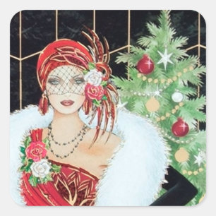 Art deco retro vintage kerst dame sticker