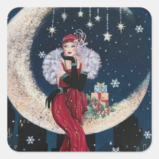 Art deco retro vintage kerst dame sticker (Voorkant)