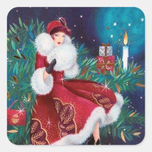 Art deco retro vintage kerst dame sticker