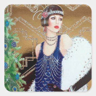 Art deco retro vintage kerst Vakantie dame Vierkante Sticker