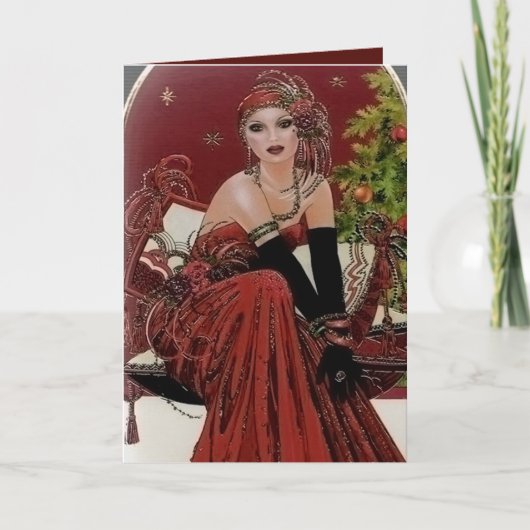 Art Deco retro vintage kerstdame Feestdagen Kaart (Voorkant)